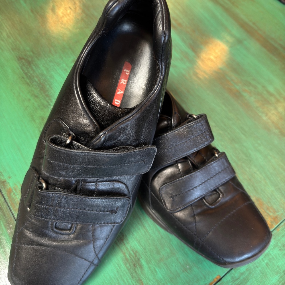 PRADA Sport Men's Black Leather Sneakers Velcro 2 Strap Shoes US 11/EUR 44 Italy